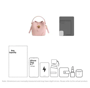 Pink bucket bag capacity guide showing space for 6.7 inch phone and essentials