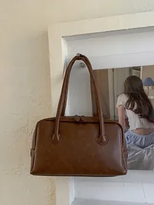 Large capacity vintage dark brown leather tote bag with double zippers for women