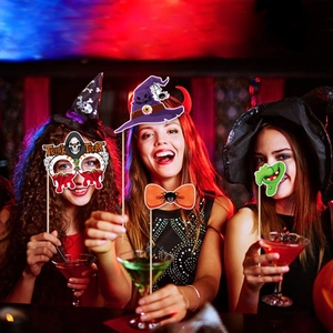 Detail of Halloween photo props set featuring skull eye mask and wizard hat accessories