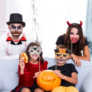 Halloween photo booth props kit with pumpkin, skeleton glasses and scary night signs