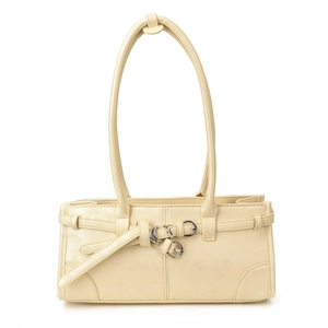 Chic cream structured underarm bag with decorative belt detail and silver rings
