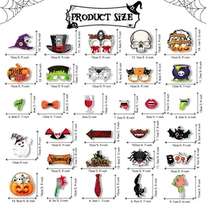 Size chart for 28-piece Halloween photo booth props with pumpkins and skulls