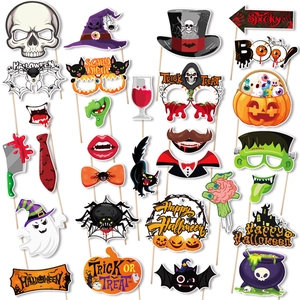 20-piece Halloween photo booth props with pumpkin, skull, and wizard hat decorations