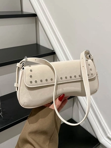 Vintage Rivet Underarm Bag For Women PU Leather Solid Color Shoulder Bag Versatile Fashion Commute Handbag With Metal Decoration