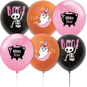 Halloween balloon set featuring skulls, ghosts, and witch cauldrons in pink, black, and orange