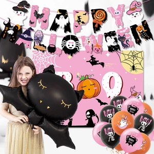 Kit de décoration d'Halloween rose avec bannière Happy Halloween et ballons effrayants