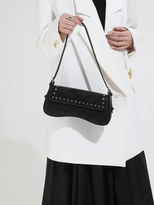 Vintage black faux suede baguette bag with silver studs and long shoulder strap