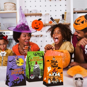 Three colorful Halloween gift bags with festive patterns in a family party scene