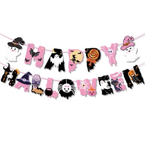 Banderole Happy Halloween rose et violette avec fantômes et citrouilles sur fond blanc