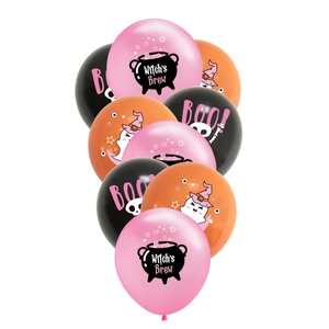 Halloween party balloons featuring pink and orange ghosts, witches and Boo patterns