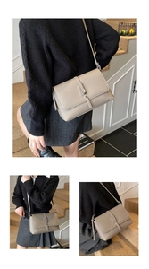Detailed views of a beige pebbled leather crossbody bag with metal buckle closure