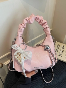 Women Ruched Cloud Handbag PU Leather Chain Crossbody Bag With Artificial Pearl Heart Charm Sweet Style Shoulder Bag For Daily Party