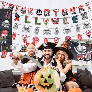 Halloween party banner set with Trick or Treat letters and bloody hanging decorations