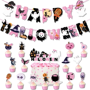 Kit déco Halloween rose avec bannières Happy Halloween et décorations de cupcakes