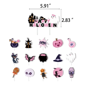 Détail de 16 décorations de gâteau d'Halloween roses avec motifs de dessins animés
