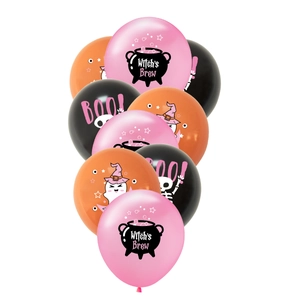 Halloween party balloons featuring cute ghost, skeleton, and witch's brew cartoon designs