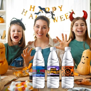 Three Halloween water bottle stickers with pumpkin, bat, and eye patterns for parties