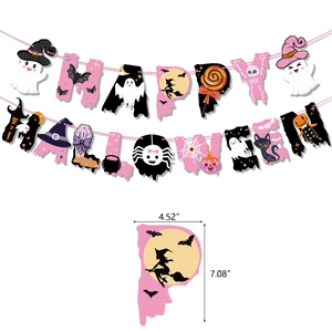 Bannière Happy Halloween rose avec fantômes mignons, décoration de fête de 11,5 x 18 cm