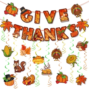 Thanksgiving Party Decorations Set Give Thanks Banner Autumn Harvest Hanging Swirls Pumpkin Turkey Cake Toppers Party Supplies