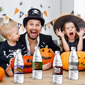 Halloween water bottle labels with spooky pumpkin and bat designs for festive party decor