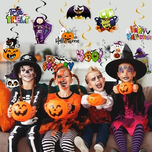 Halloween hanging swirl decorations featuring pumpkin and skull motifs with festive kids