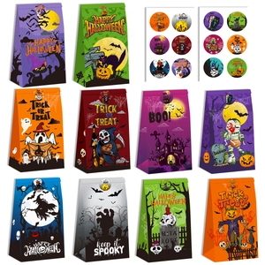 Halloween Paper Gift Bags Set With Stickers Trick Or Treat Party Supplies Pumpkin Ghost Printed Candy Snack Storage Bags