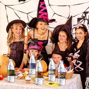 Detailed Halloween party water bottle labels with spooky pumpkin and spider web designs