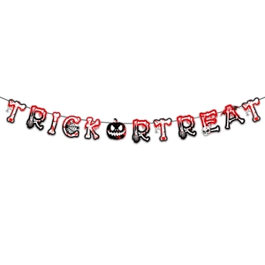 Macro detail of Trick or Treat Halloween banner with bloody font and pumpkin designs
