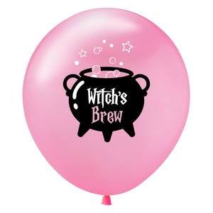 Close-up of pink latex balloon with black Witch's Brew pot and stars for Halloween