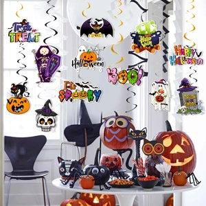 Detailed view of Halloween hanging swirl decorations with pumpkin, skull, and bat cutouts