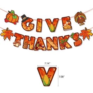 Give Thanks Thanksgiving banner with autumn harvest elements like turkey pumpkin and maple leaf