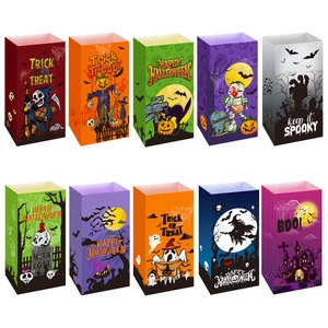 Set of 10 colorful Halloween paper gift bags with spooky pumpkin and ghost illustrations