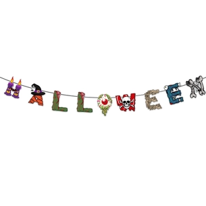Colorful Halloween letter banner with spooky icons on a string for party decor