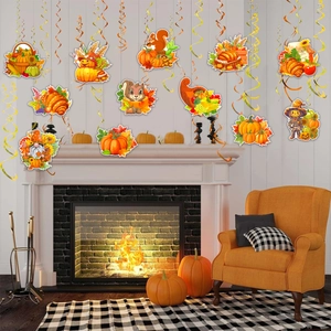 Hanging Thanksgiving spiral swirls featuring pumpkins and scarecrows in a cozy living room