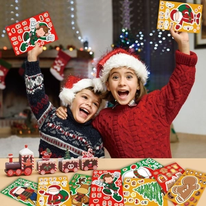 Kids playing with Christmas puzzle stickers and a red wooden train set near a fireplace