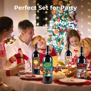 Set of 4 Christmas wine bottle stickers featuring Santa and festive holiday party designs