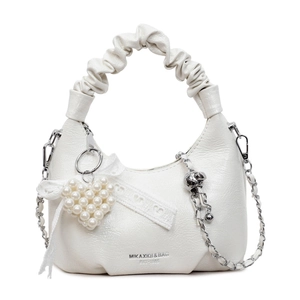 Mini white pleated crescent bag with pearl heart pendant and silver chain strap