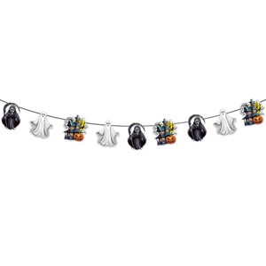Detailed view of Halloween banner featuring Grim Reaper, ghost, and haunted house patterns