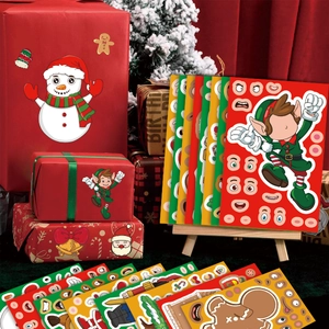 Detail of DIY Christmas puzzle stickers set with cute snowman and Santa characters