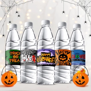 Set of Halloween water bottle labels featuring bats and pumpkins for party decorations