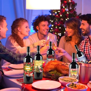 Christmas party wine bottle labels with Santa and snowman patterns in a festive setting
