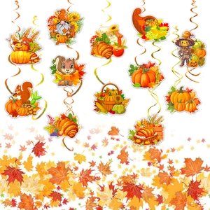Thanksgiving Autumn Party Decorations Hanging Swirls Pumpkin Turkey Scarecrow Gnome Paper Foil Spiral Ceiling Ornaments Fall Harvest Birthday Party Decor