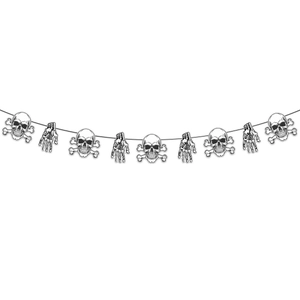 Detail of Halloween banner showing black and white skull and skeleton hand decorations