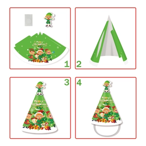 DIY Christmas elf party paper hat assembly kit with green carton steps and merry christmas print