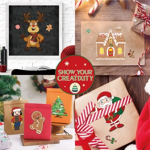Christmas party cartoon stickers set featuring Santa, Reindeer and Gingerbread Man designs