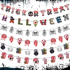 Halloween Horror Banner Set Trick Or Treat Lettering Bloody Skeleton Hand Organ Pull Flag For Party Home Decorations
