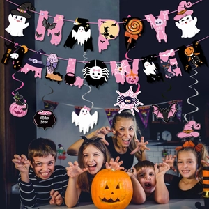 Kit décoration Halloween rose avec bannière Happy Halloween et pendentifs citrouille