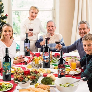Set of 4 Christmas wine bottle labels with Santa and reindeer for holiday table decor
