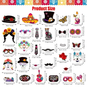Size chart for 30pcs Day of the Dead photo booth props with precise cm/inch measurements