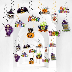 Halloween spiral ceiling decorations with pumpkin, skull and bat hanging cards set